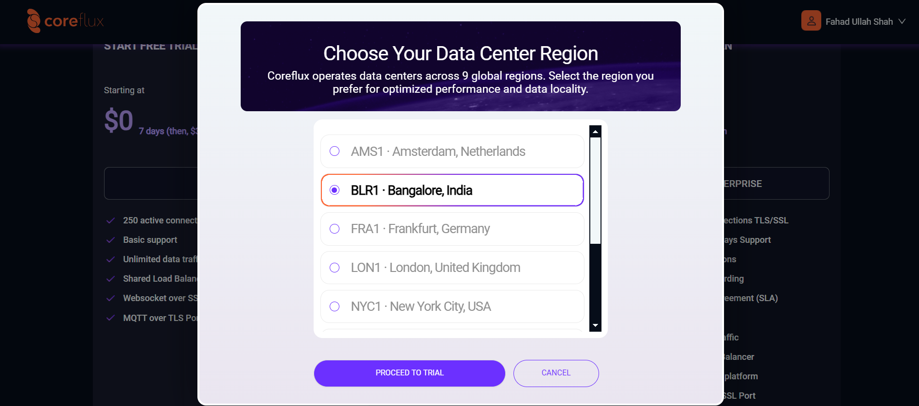 Select a region for your Coreflux broker