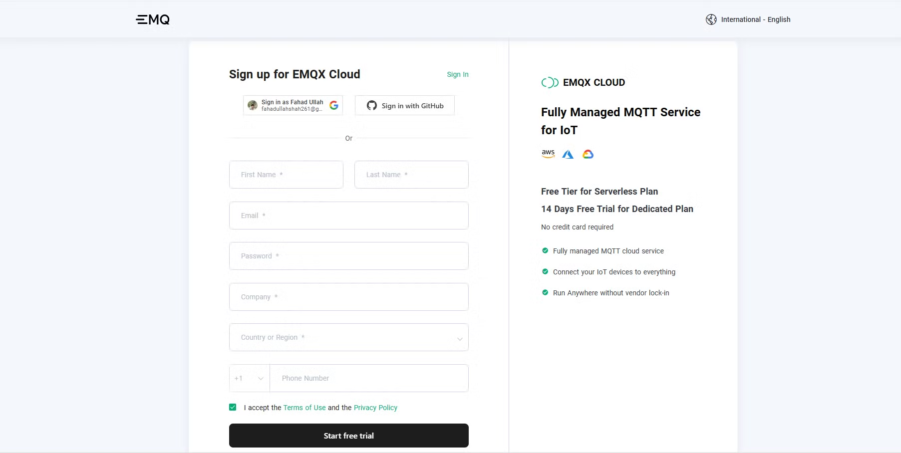 Sign Up for EMQX Cloud