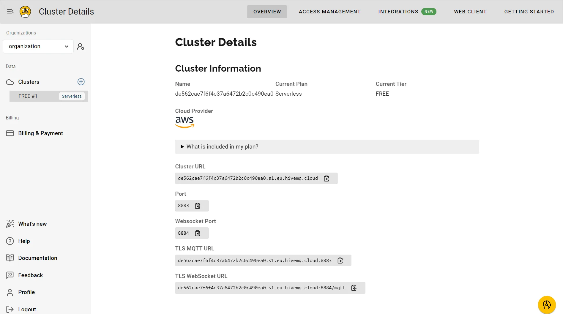 HiveMQ Serverless Cluster Details